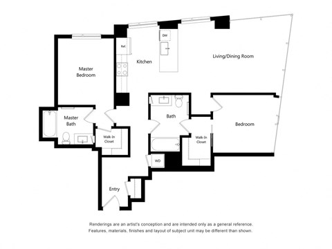 Floor plan for 2 beds, 2 baths, 1147 sqft